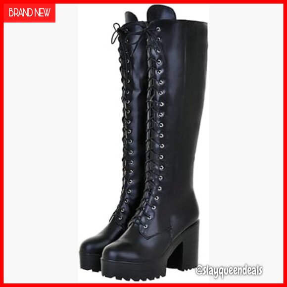 Knee High Platform Combat Boots with Buckle and Chain Goth Punk Style